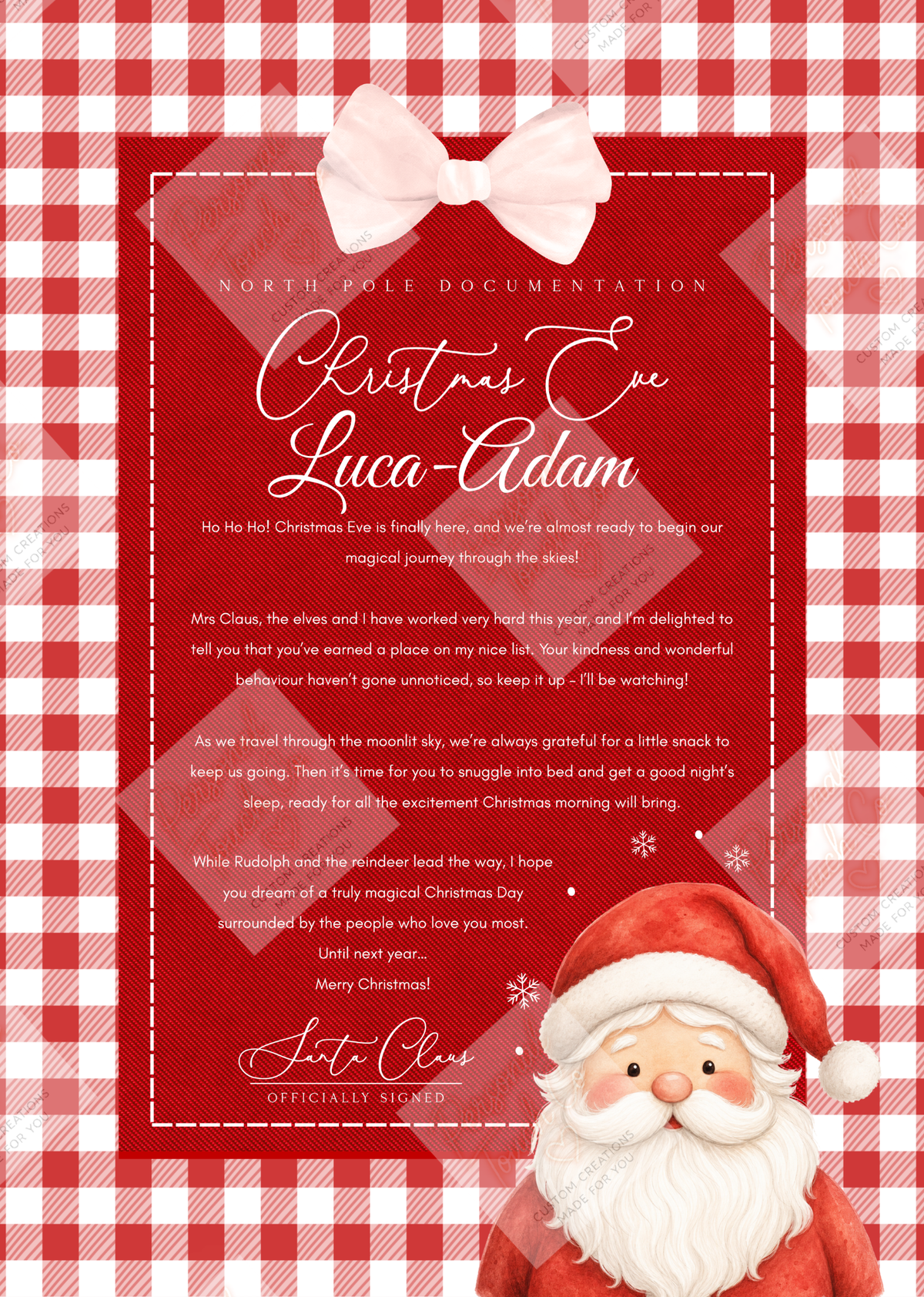 Red gingham christmas eve certificate
