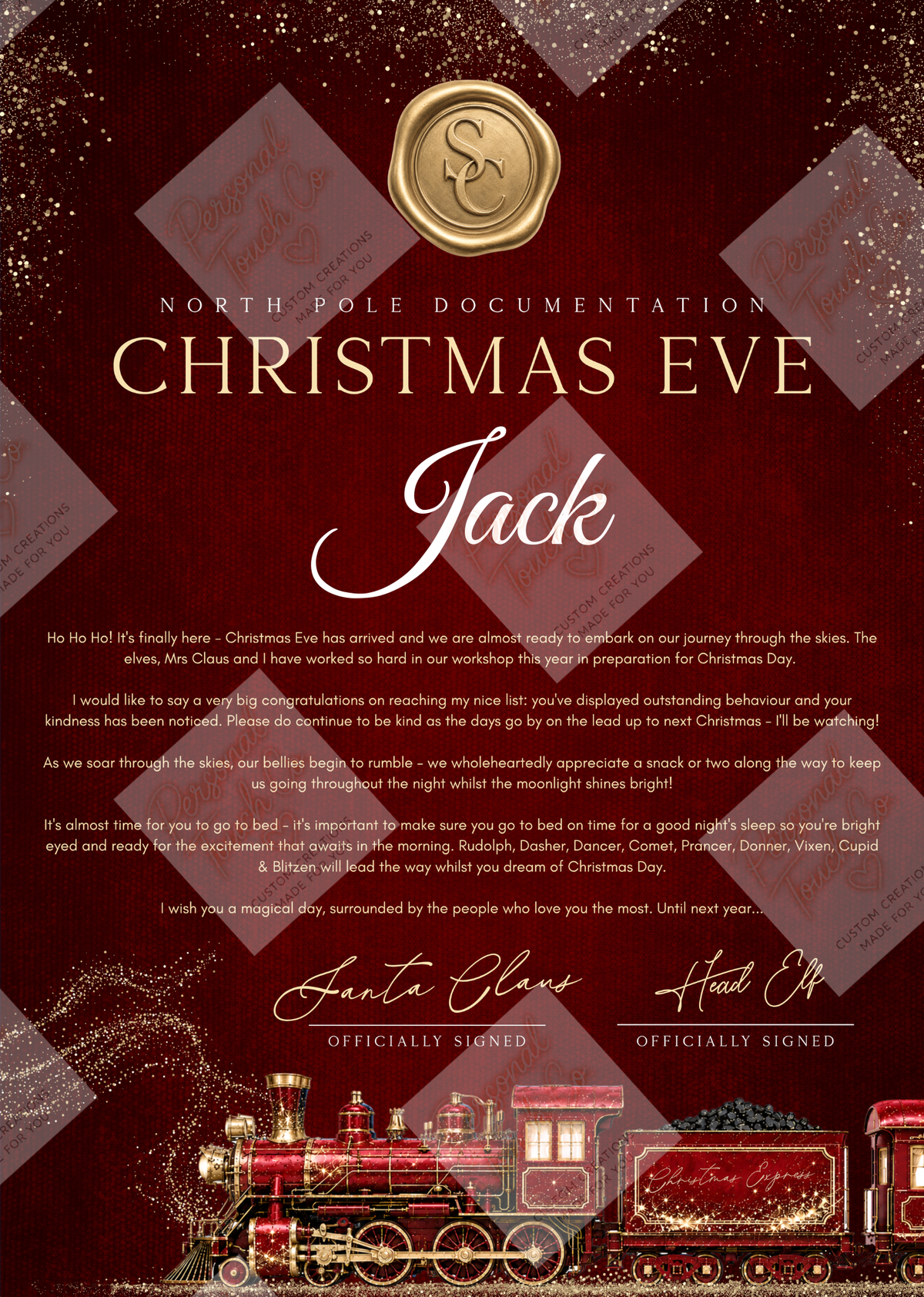 Red train christmas eve certificate