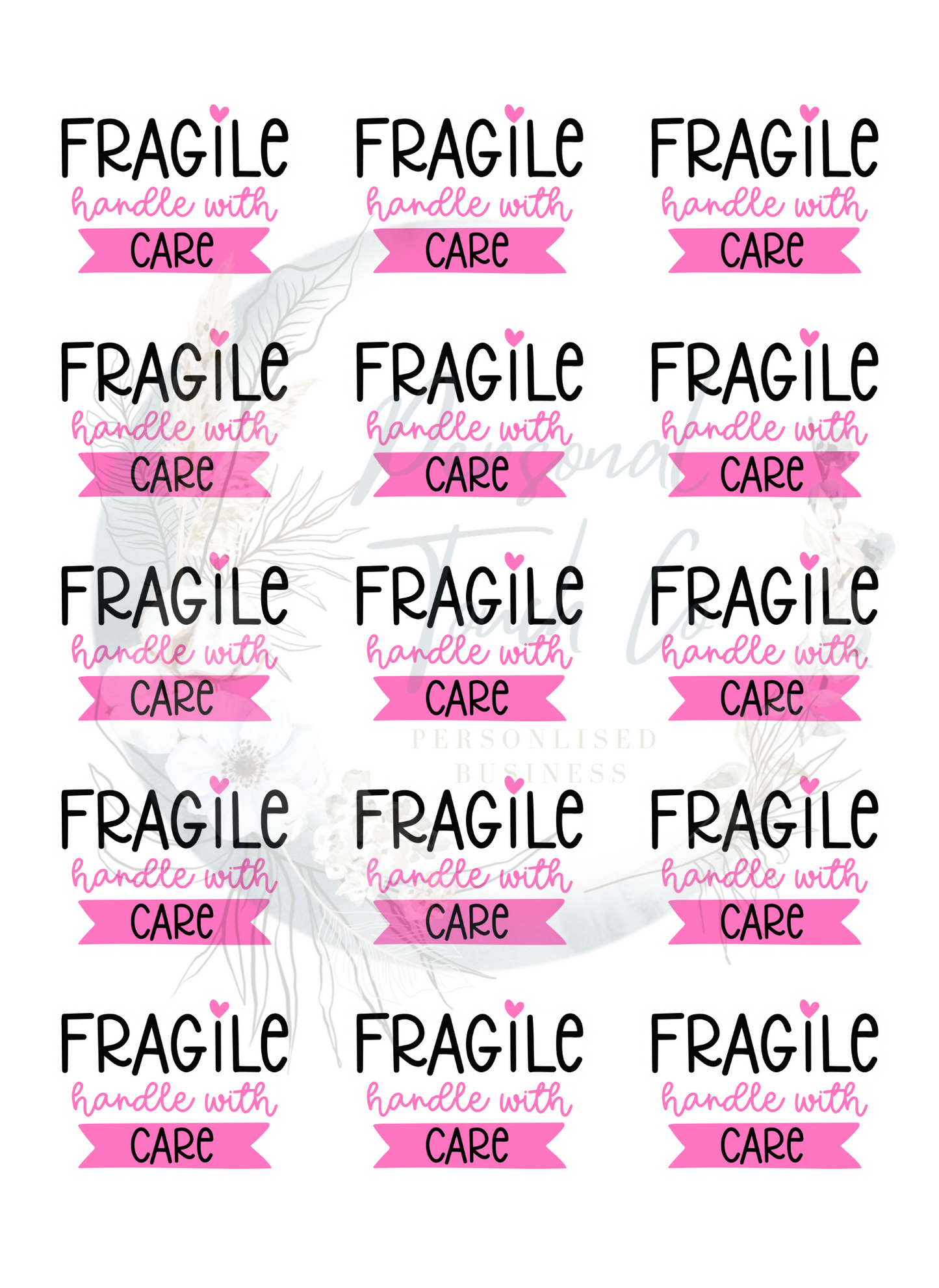 Fragile handle with care pink stickers - 1 sheet matte