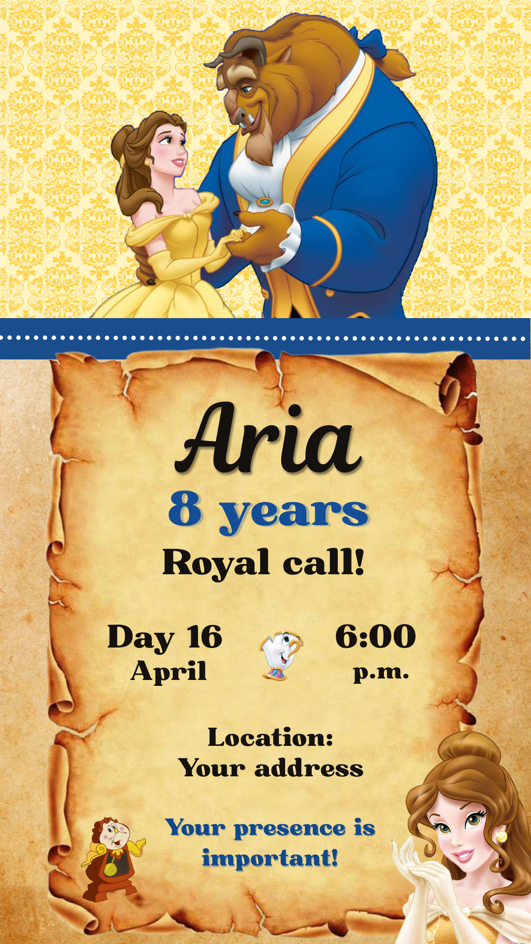 Beauty & the beast party invitations- design 1