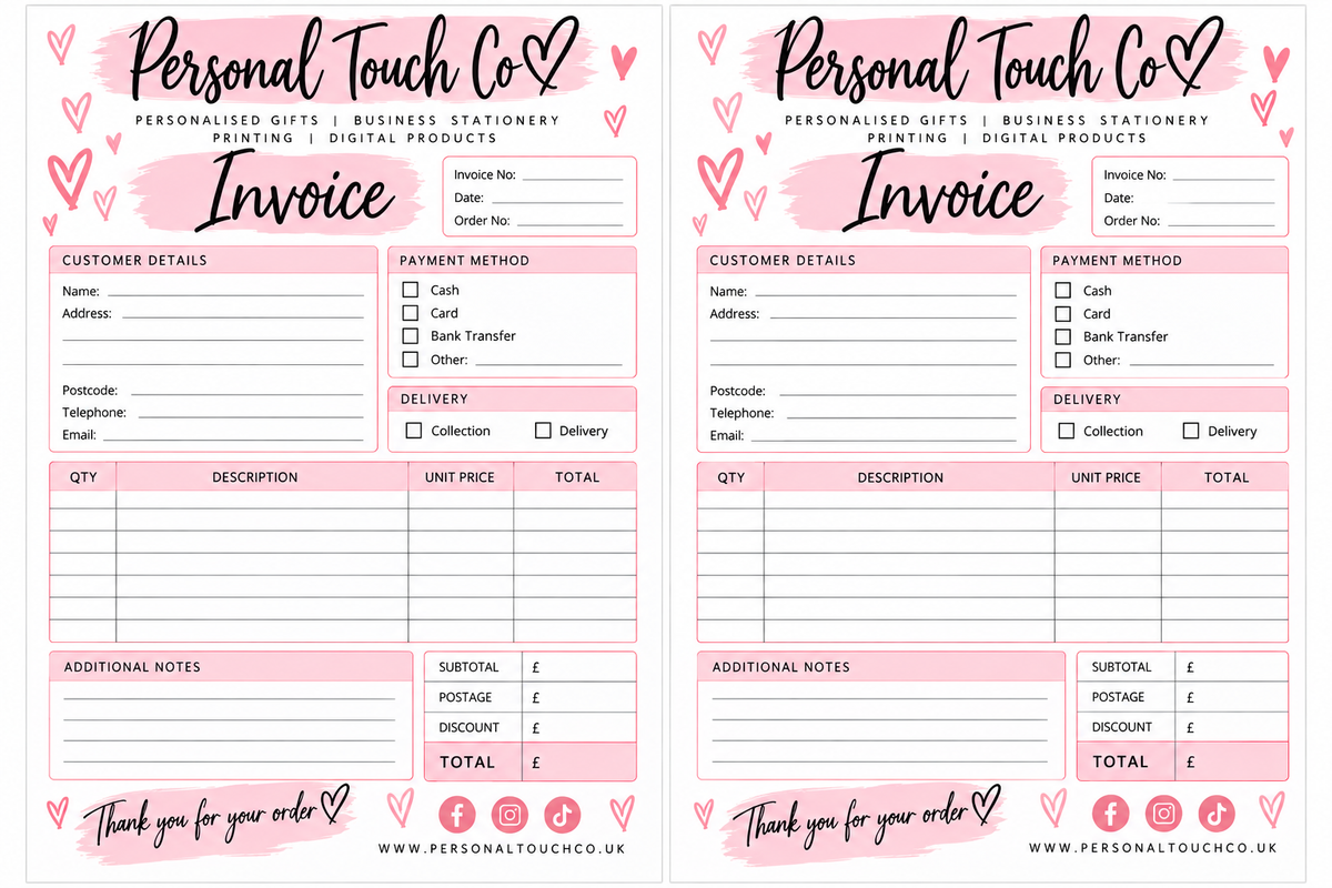 Custom loose invoice sheets